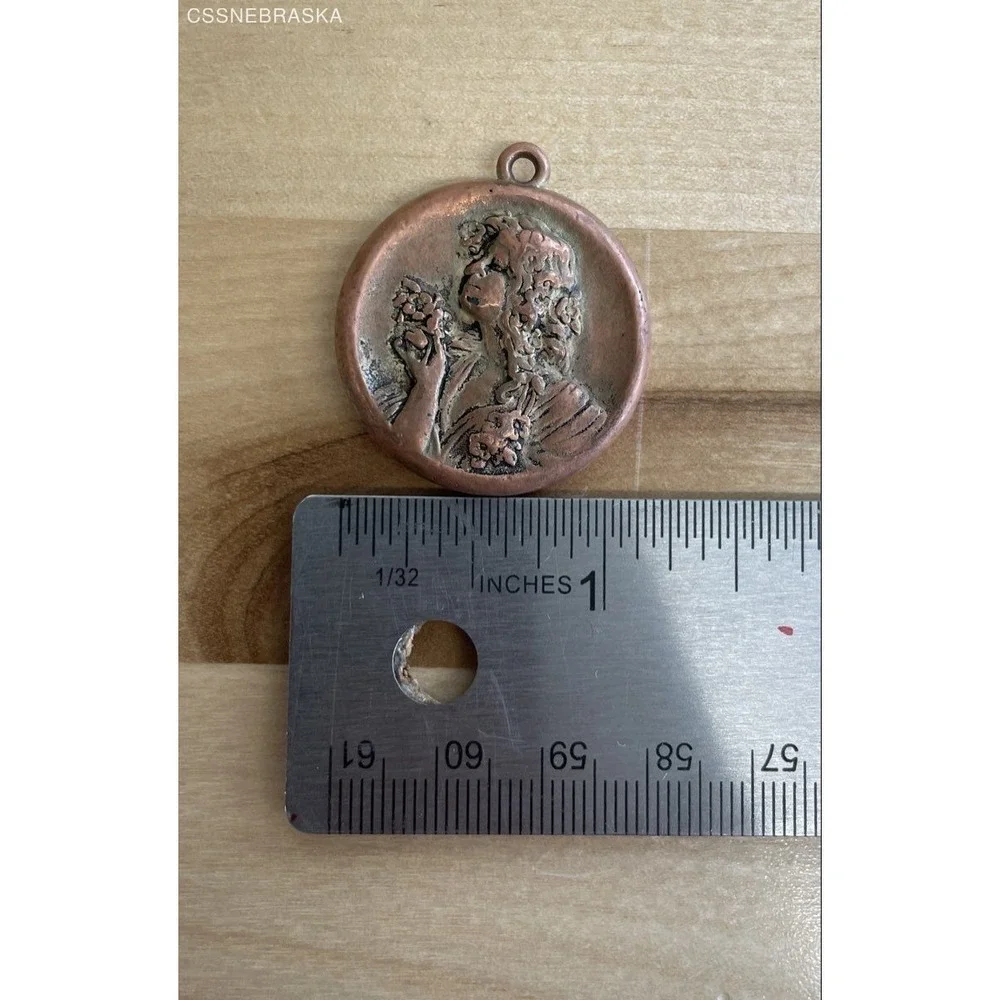 Vintage Art‎ Nouveau Copper Pendant Profile of Woman with Flowers 1 Inch